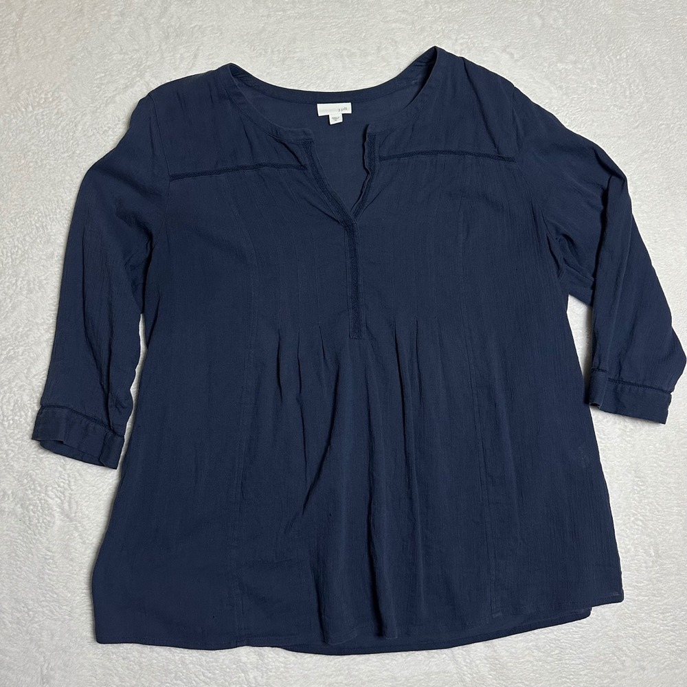 J.Jill Navy Blue Split Neck Pintuck Tunic Blouse XL Crochet Trim 3/4 Sleeve Boho